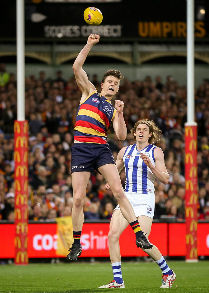 AFL 2016 First Elimination Final - Adelaide v North Melbourne ADELAIDE, AUSTRALIA - SEPTEMBER 10: Jake Lever of the Crows punches the ball clear of Ben Brown of the Kangaroos during the 2016 AFL First Elimination Final match between the Adelaide Crows and the North Melbourne Kangaroos at the Adelaide Oval on September 10, 2016 in Adelaide, Australia. (Photo by AFL Media)